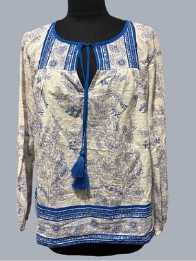 J. Crew Cream Blouse with Blue Floral Print and Tassel